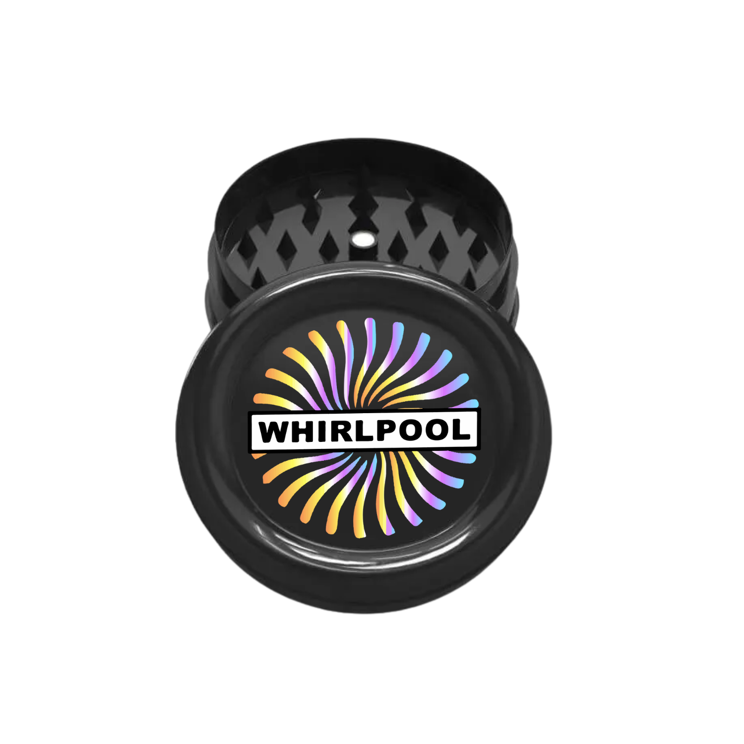 3-piece black plastic grinder with custom print on top and open view