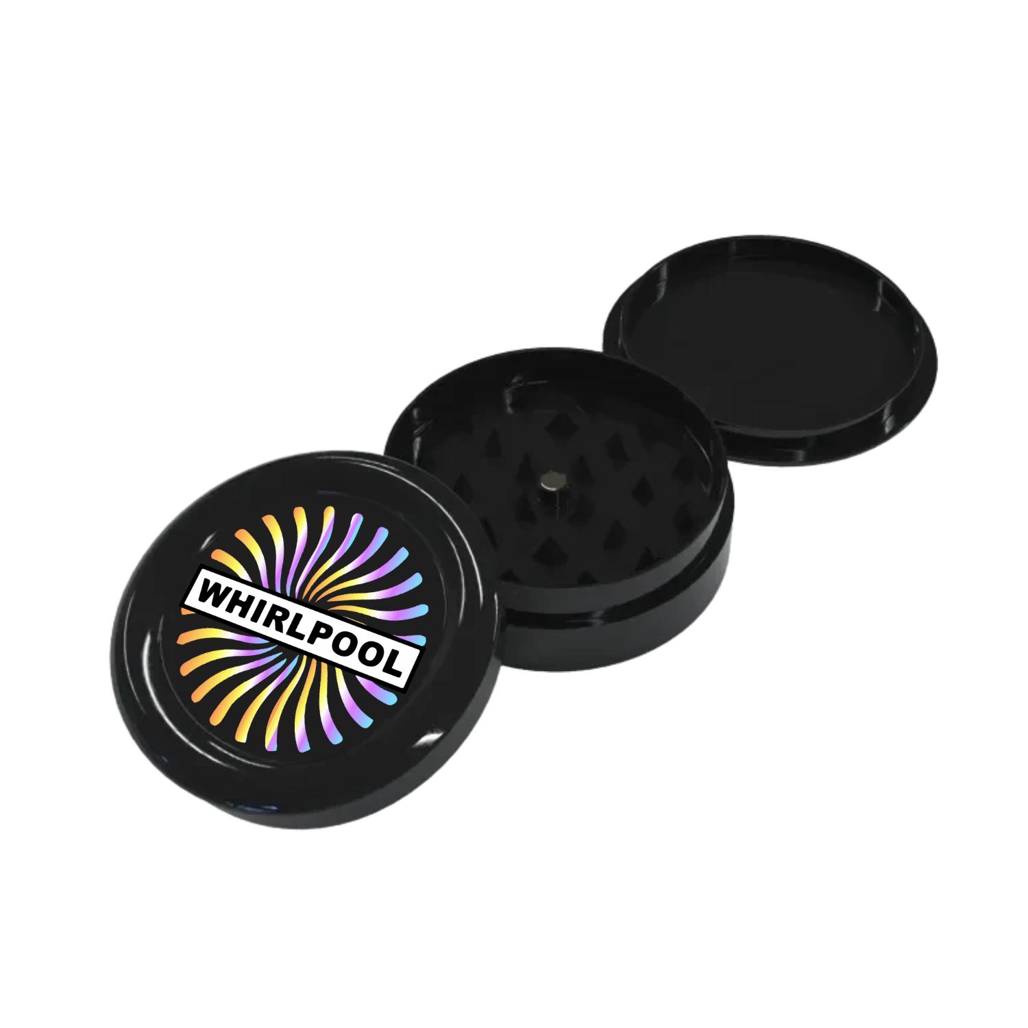 Black plastic grinder stacked and open with custom artwork