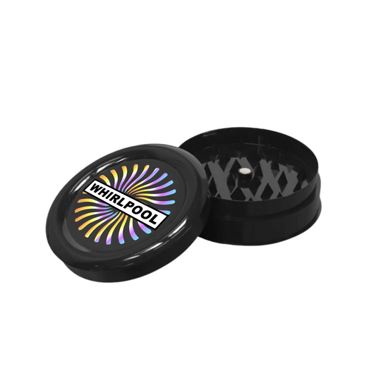 Black custom plastic grinder with full color logo, top and inside view
