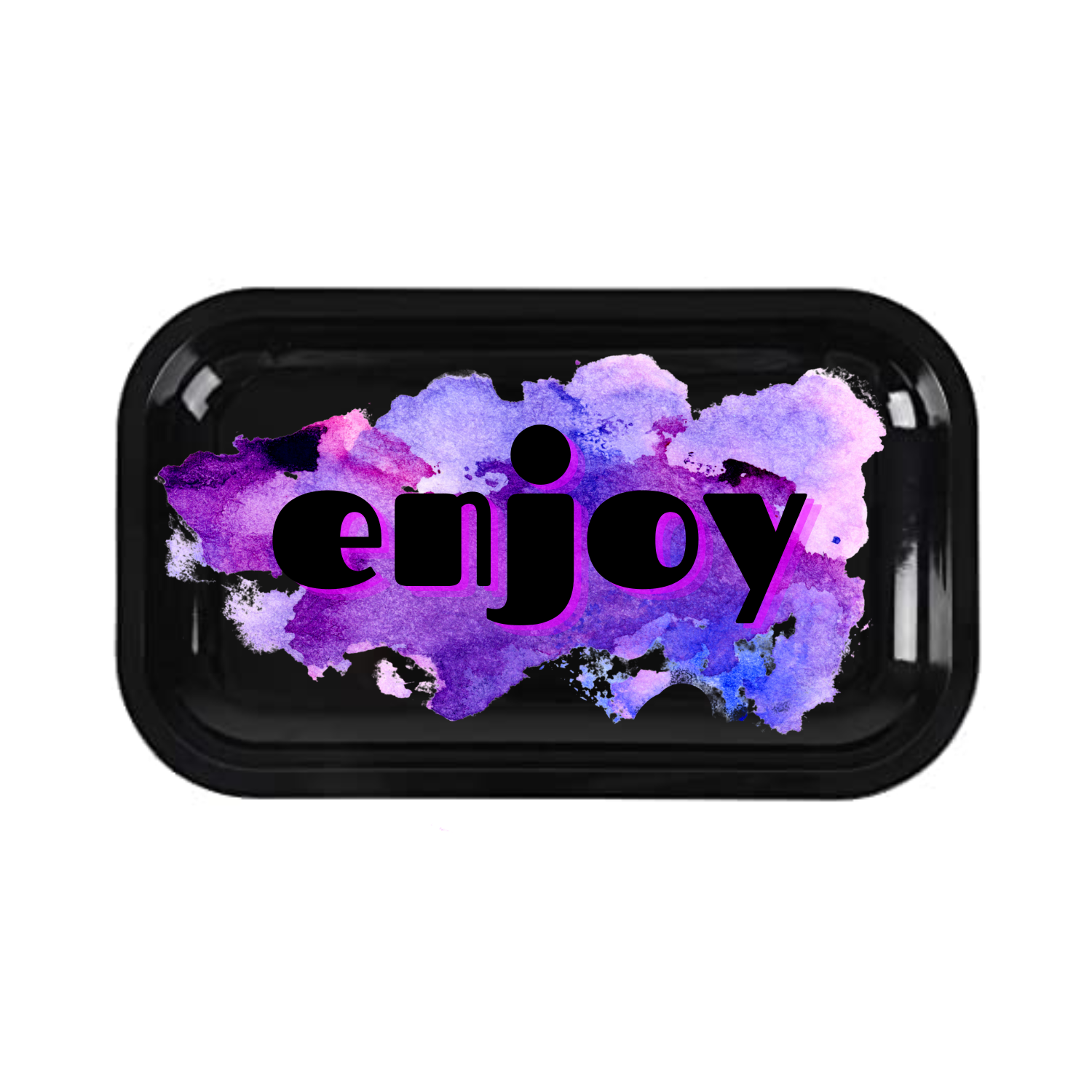Custom black metal rolling tray with full-color purple graphic design