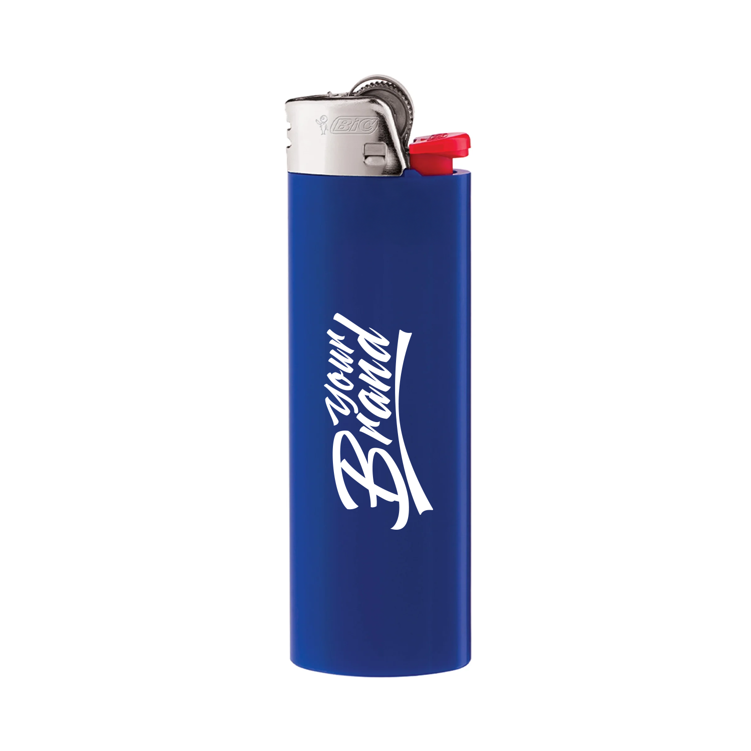 Custom blue Bic lighter with vertical full-color logo print