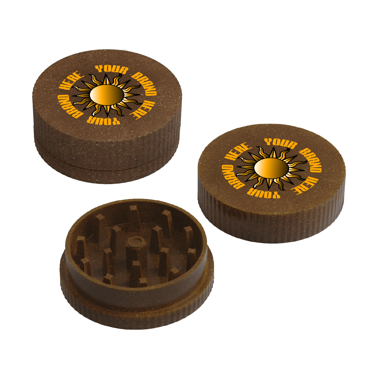 Custom brown hemp grinder with full-color bee logo. Two-piece biodegradable grinder shown open and closed.