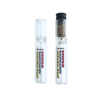 Set of two custom prepack chillums, one filled and one empty, featuring vibrant full-color printed logos on clear glass