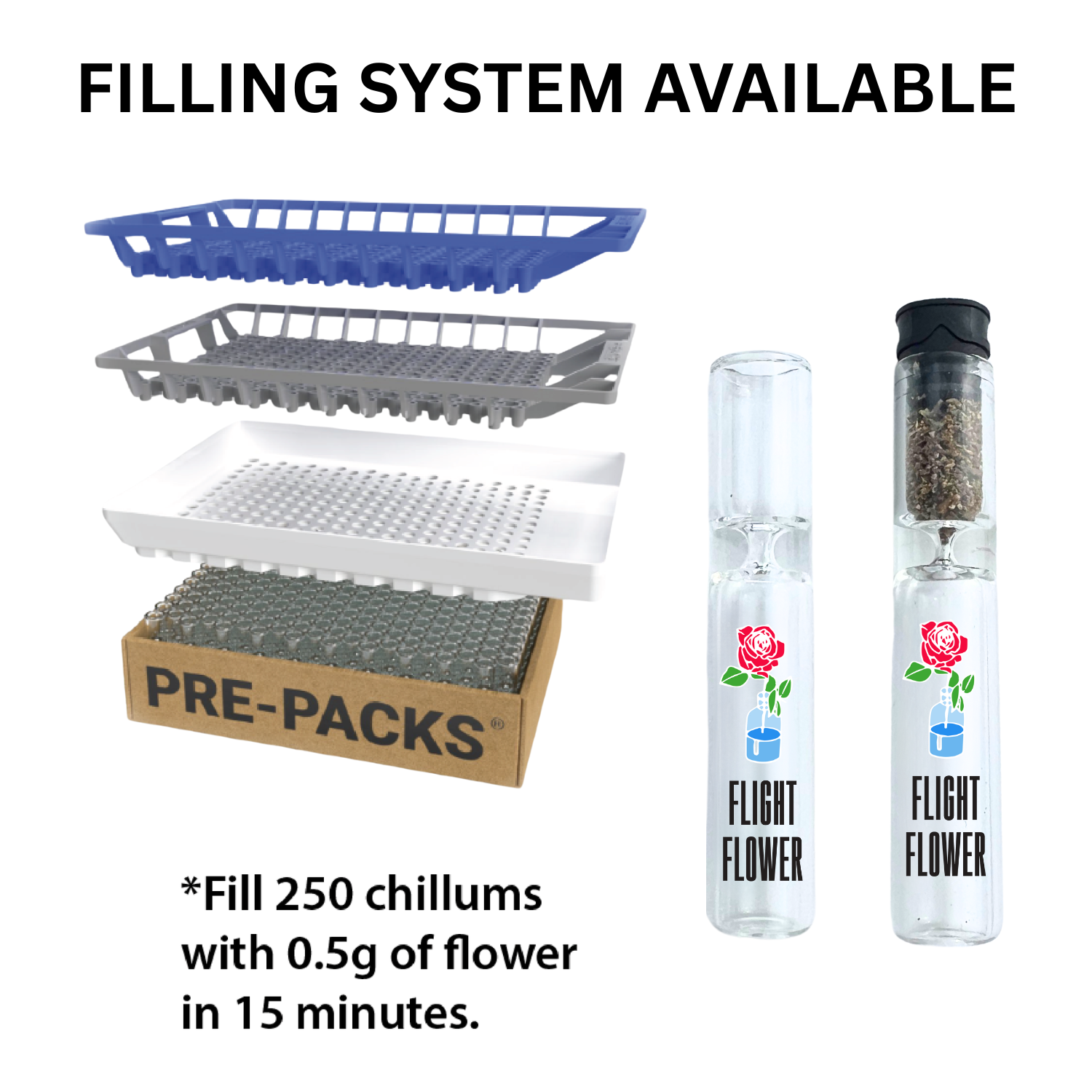 Pre-Packs chillum filling system allows you to fill 250 chillums at one time.