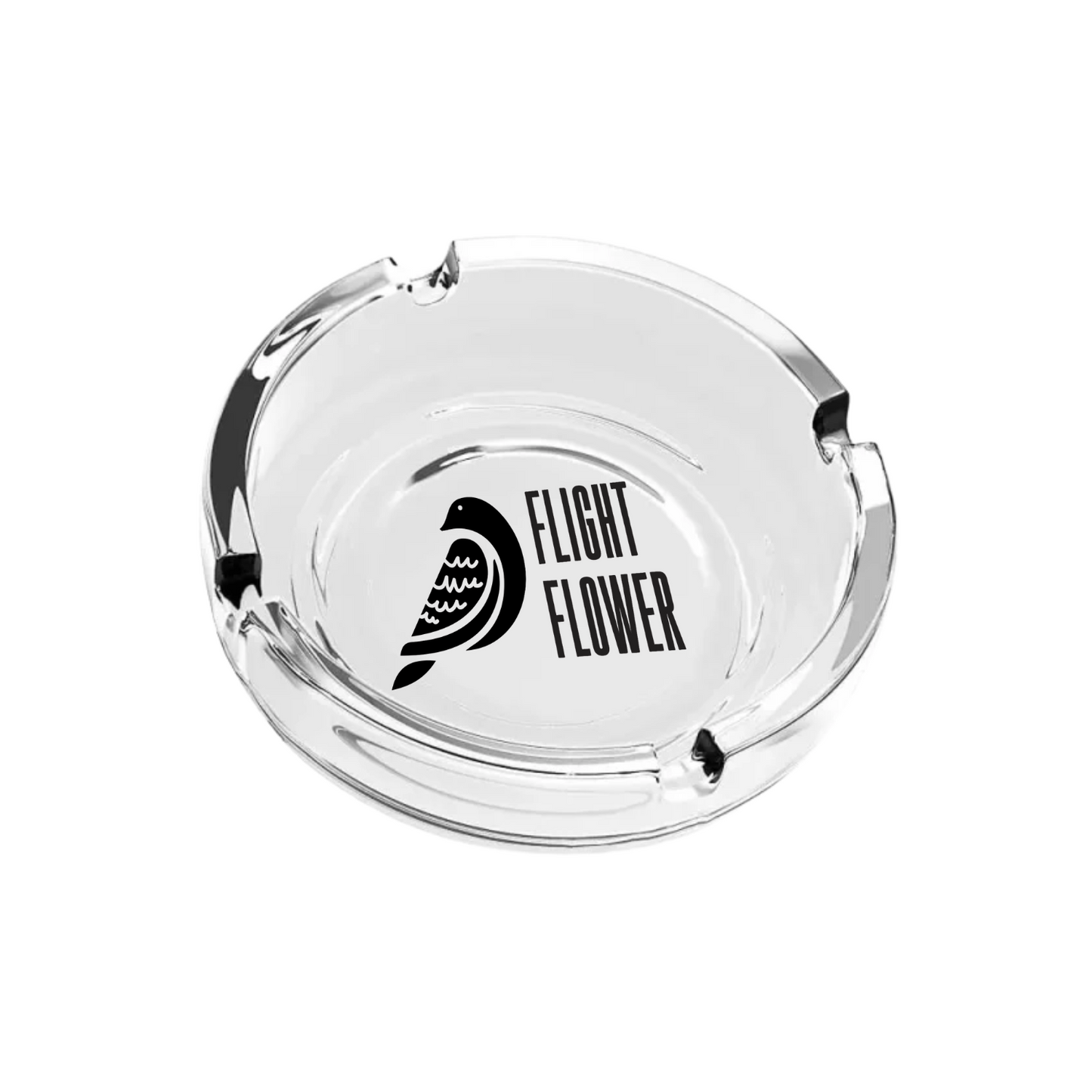 Clear glass ashtray with centered black custom logo print