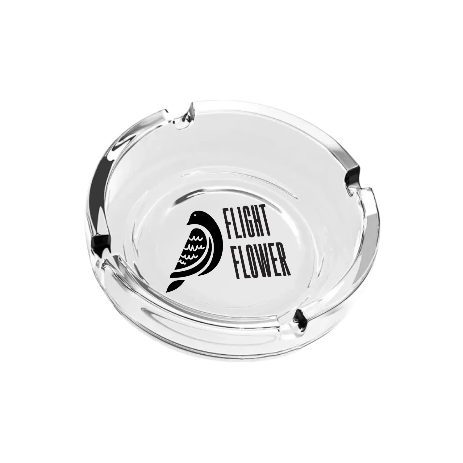 Clear glass ashtray with centered black custom logo print
