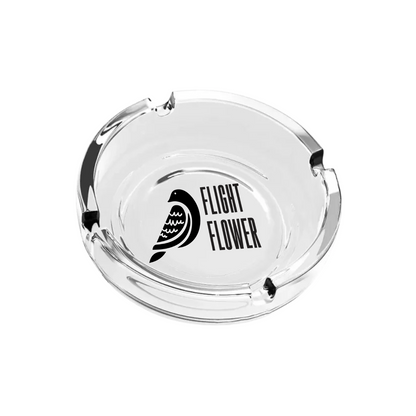 Clear glass ashtray with centered black custom logo print
