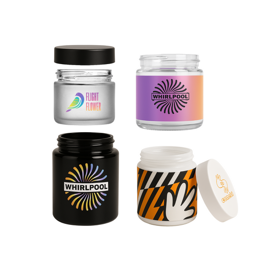 Custom child-resistant glass jars with branded labels and finishes. Ideal for cannabis flower, concentrates, or edibles, available in clear, frosted, black, or fully printed designs.