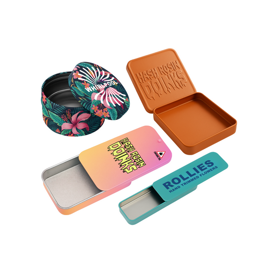 Custom child-resistant tins in sliding, button, squeeze, and twist styles. Premium cannabis packaging tins for pre-rolls, edibles, and multipacks with options for embossing, debossing, matte, or metallic finishes.