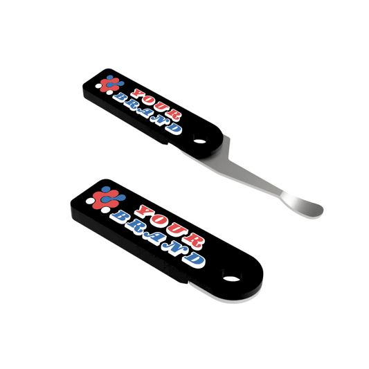 Custom dab tool keychain with stainless steel tool and full color printed handle – ideal promotional accessory for concentrate users