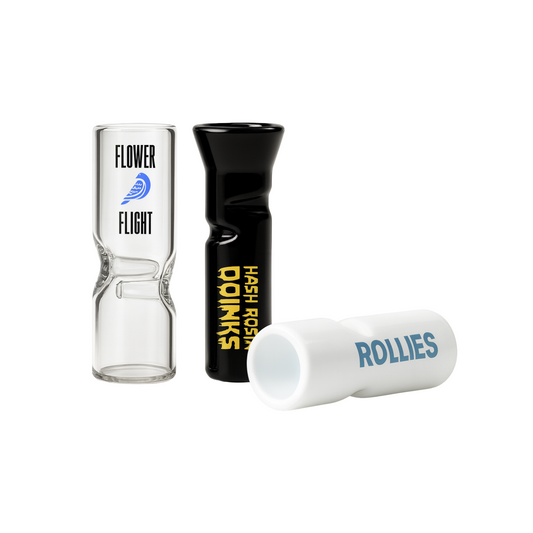 Custom glass joint tips in clear, black, and white glass with direct logo printing for pre-rolls.