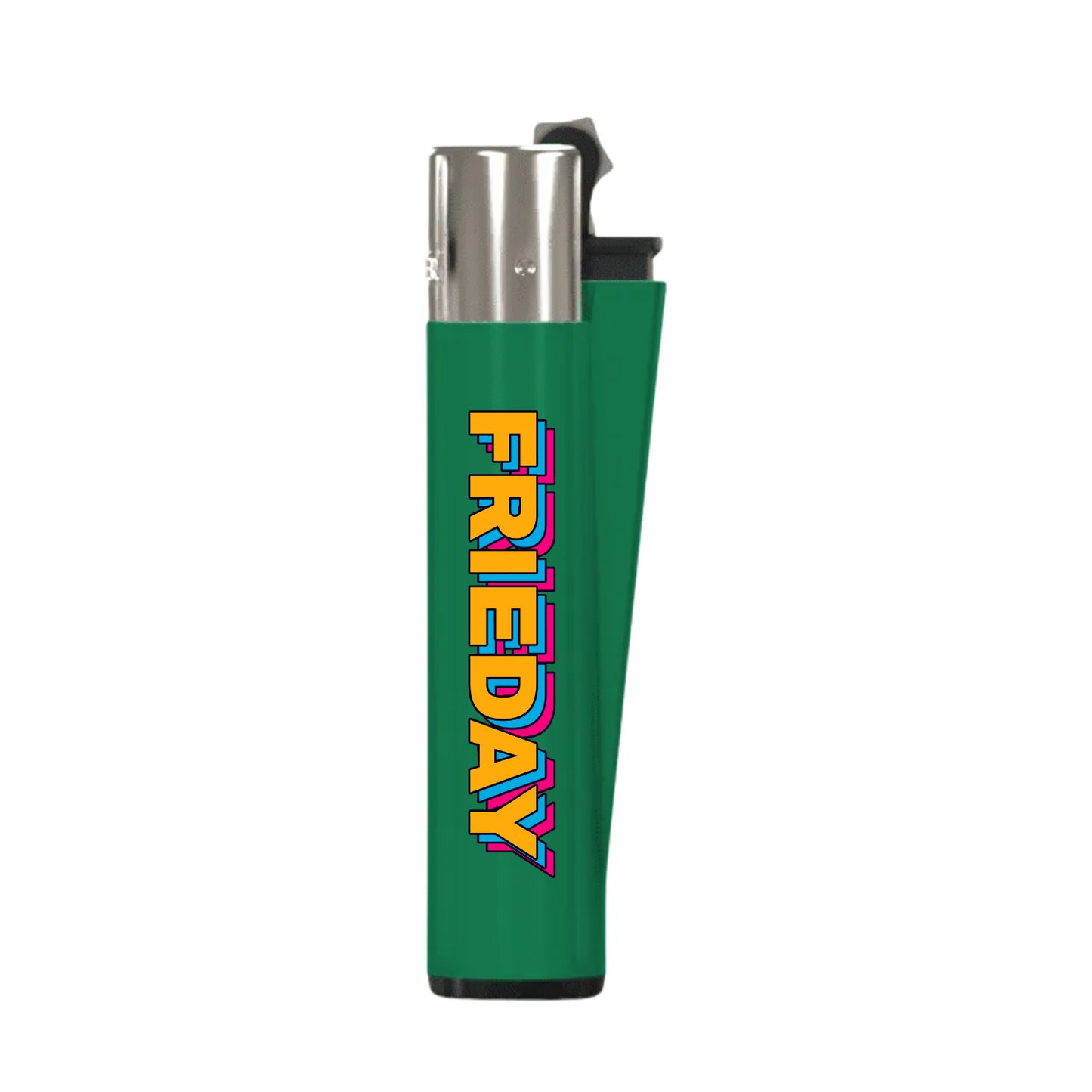 Custom Clipper lighter in green, showing full-color logo placement for dispensary and cannabis brand marketing