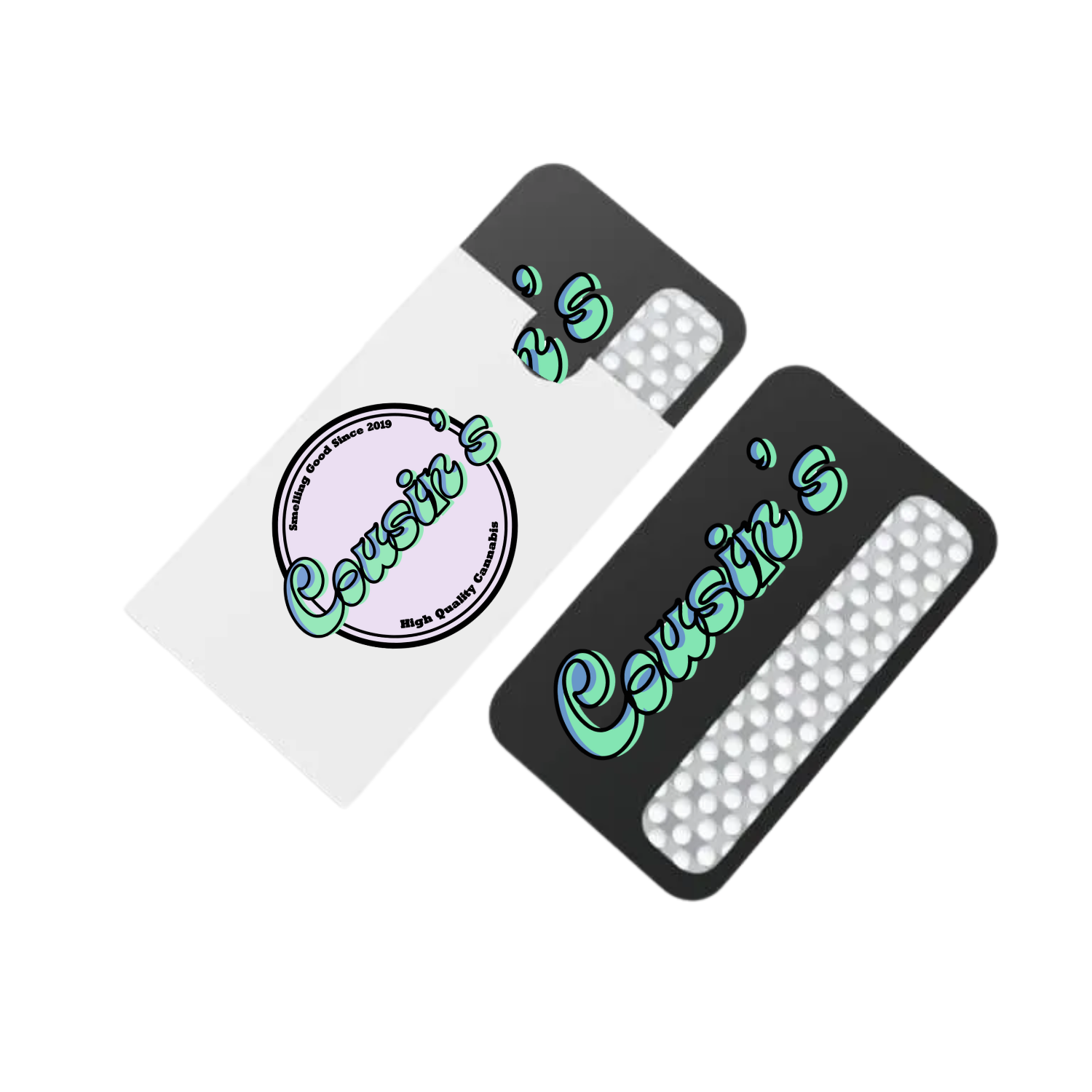 Custom printed grinder cards with black metal finish and branding areas