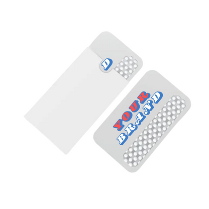 Custom grinder card with white metal base and printed logo for branding