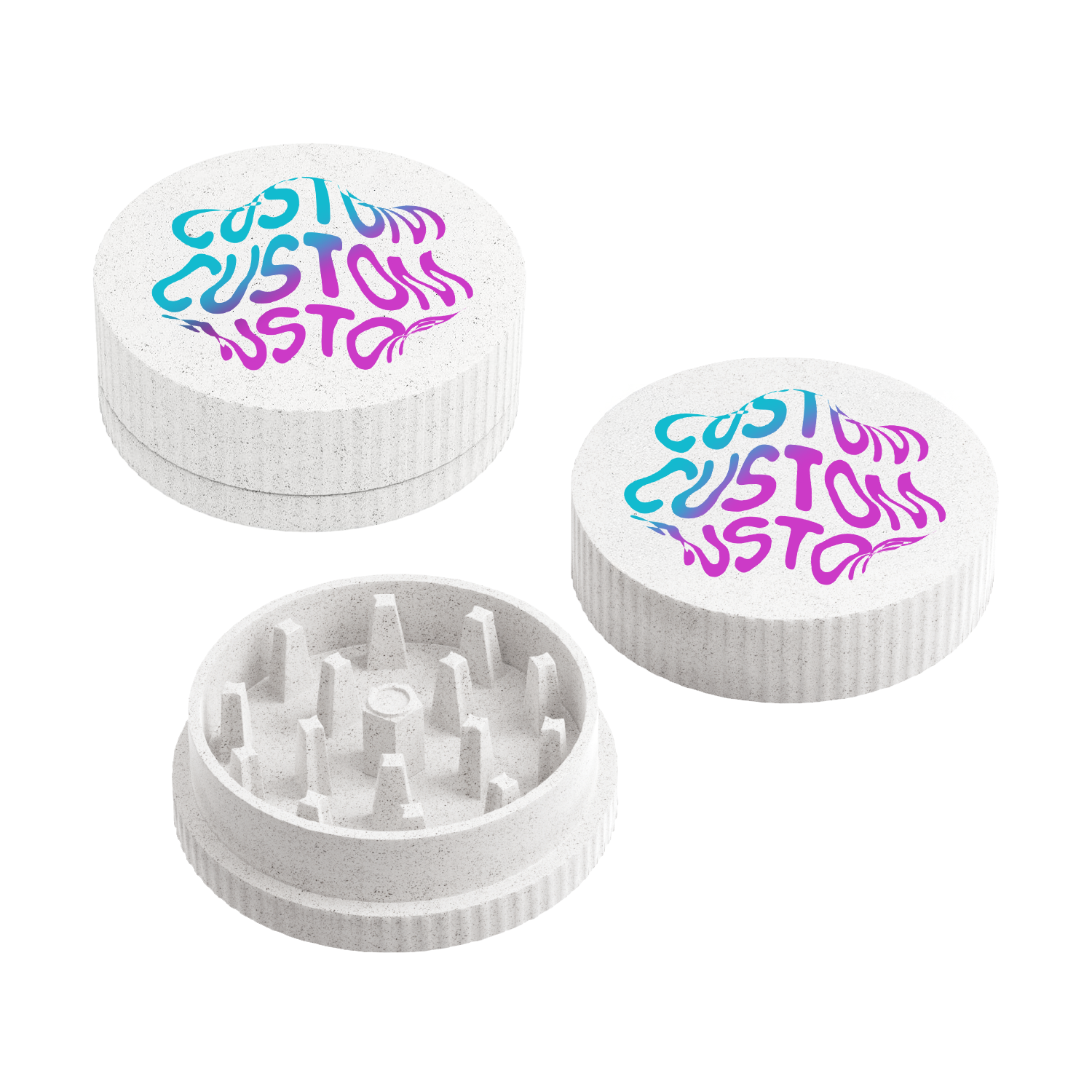 Custom hemp grinder with full-color logo print on white biodegradable plastic. Two-piece grinder shown open and closed.