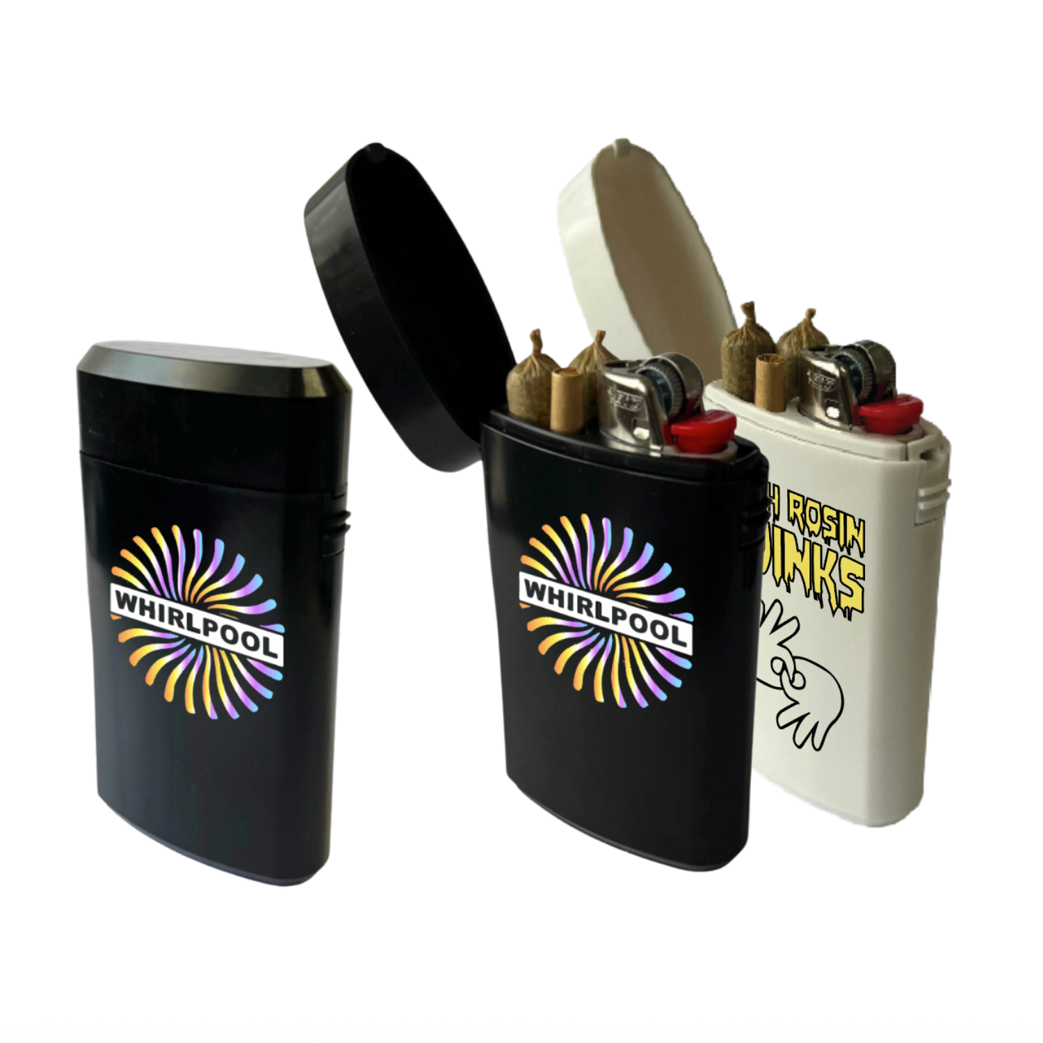 Group of black and white custom joint cases filled with pre-rolls and lighters