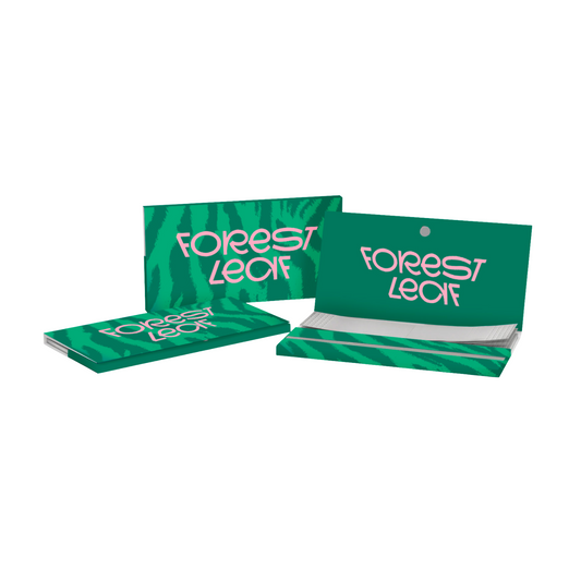 Custom king size rolling papers with tips and magnetic closure, featuring a green Forest Leaf design for branded merchandise and promotional products.