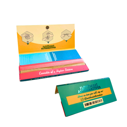 Custom king size rolling papers with tips and magnetic closure, multi-color branding with educational instructions, perfect for lifestyle brands and promotional giveaways.