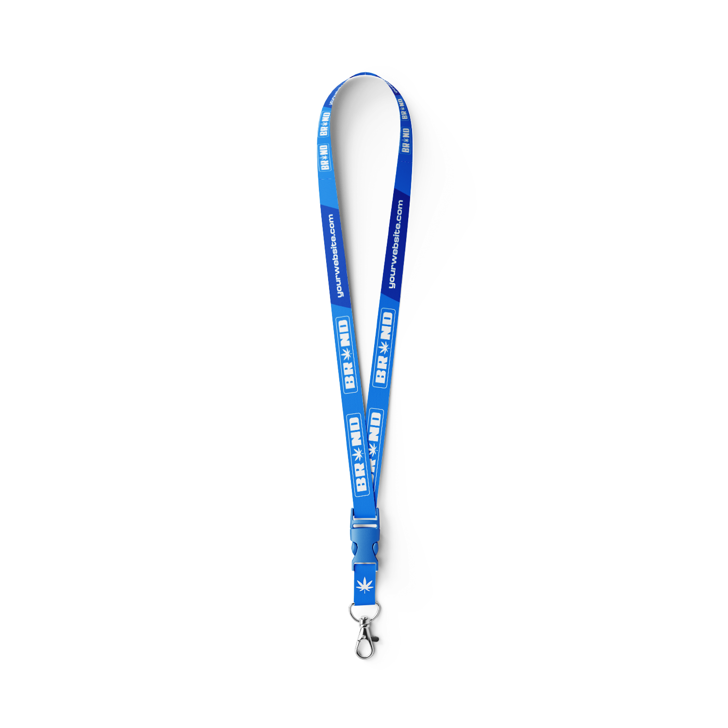 Blue wide nylon custom lanyard with white imprint and detachable safety clip