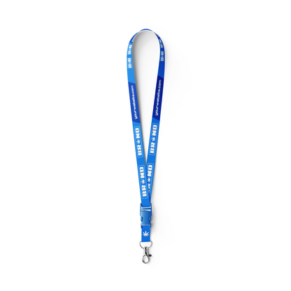 Blue wide nylon custom lanyard with white imprint and detachable safety clip