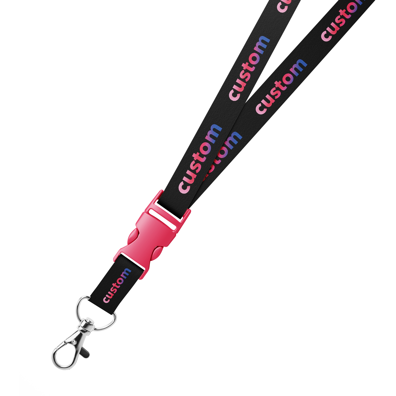 Close-up of custom black and red nylon lanyard with full-color text and quick-release buckle