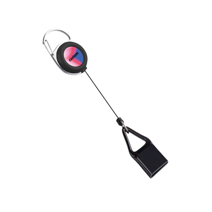 Custom retractable lighter leash extended with attached Bic lighter and full-color printed logo