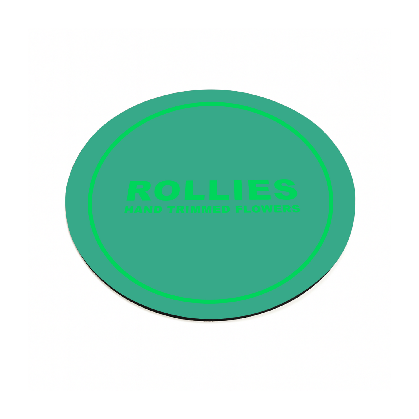Green round silicone dab mat with printed custom logo, ideal for concentrate setups and cannabis events.