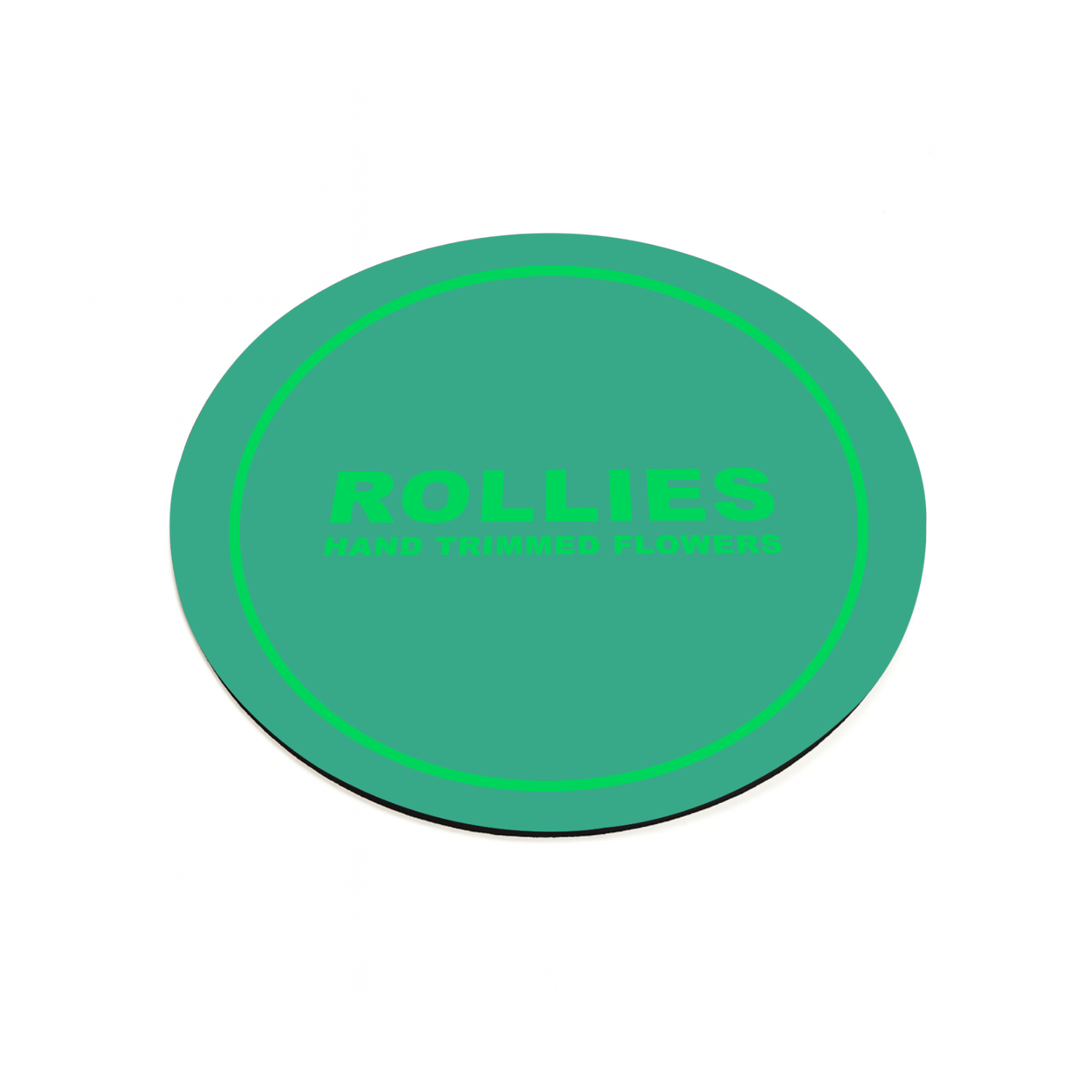 Green round silicone dab mat with printed custom logo, ideal for concentrate setups and cannabis events.