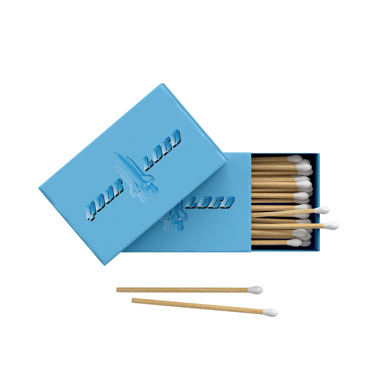Blue custom matchbox with full-color logo and white tip matchsticks