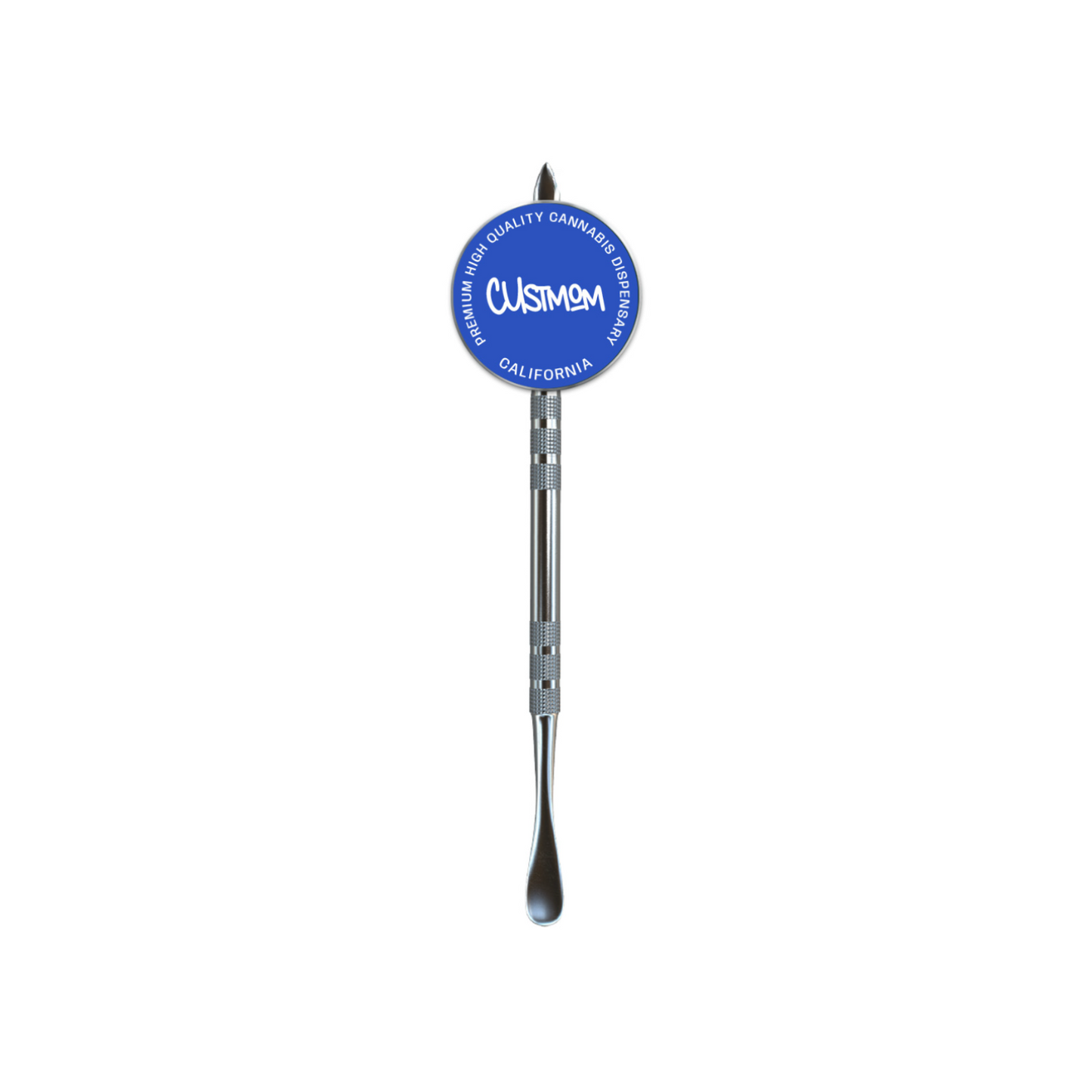 Branded dab tool with circular blue logo topper and custom handle
