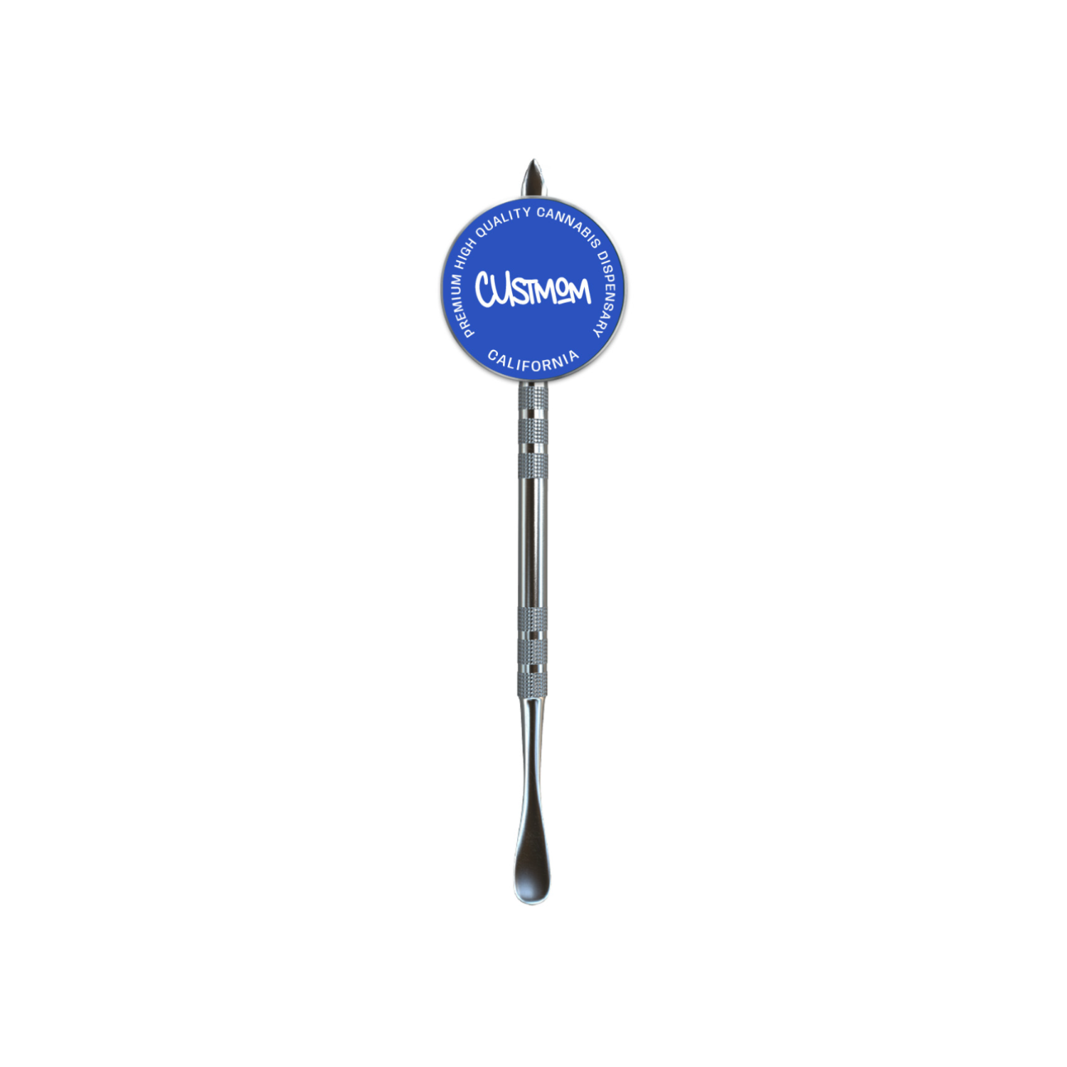 Branded dab tool with circular blue logo topper and custom handle