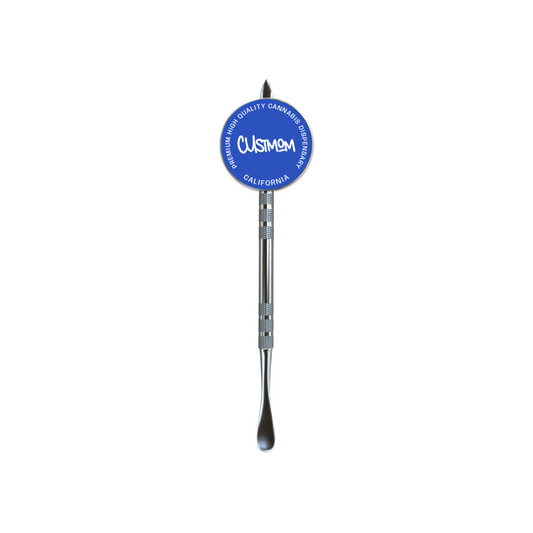 Branded dab tool with circular blue logo topper and custom handle