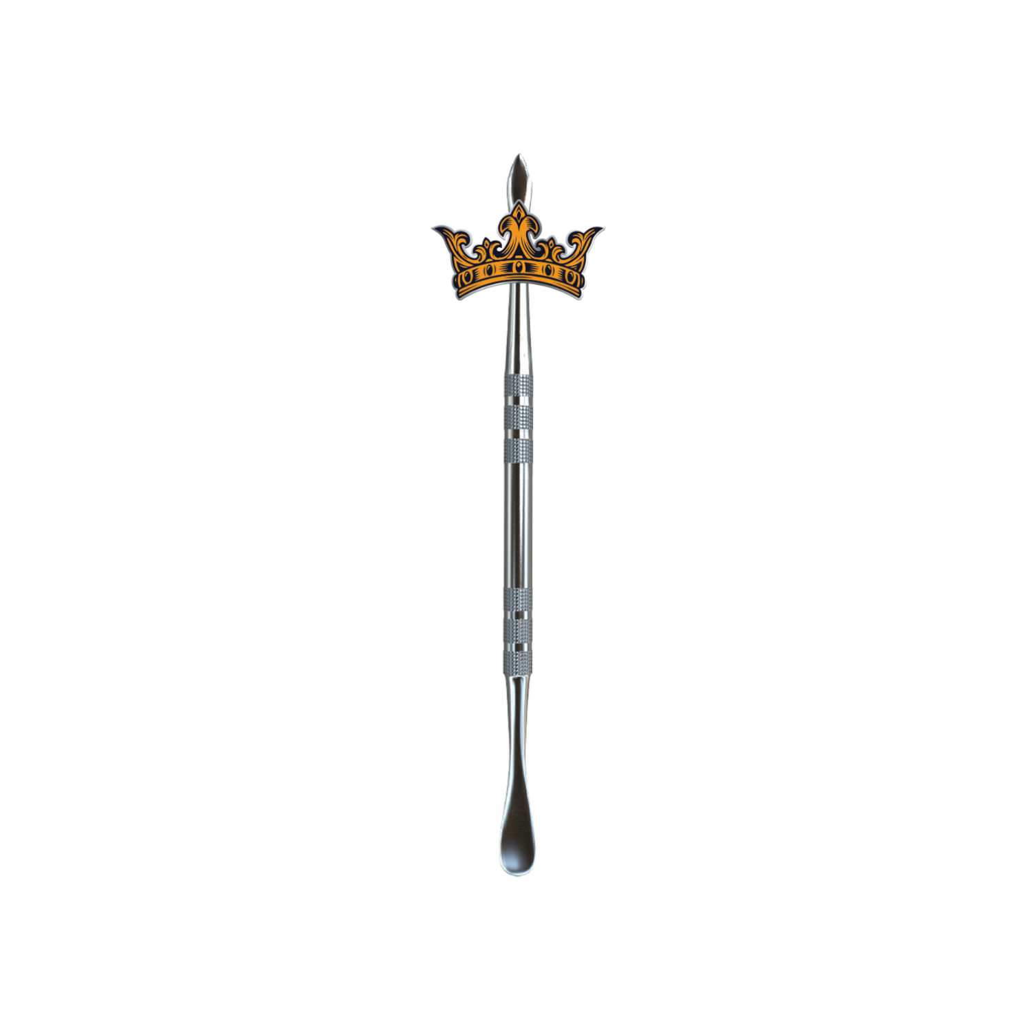 Custom dab tool featuring metallic crown-shaped topper and stainless steel grip