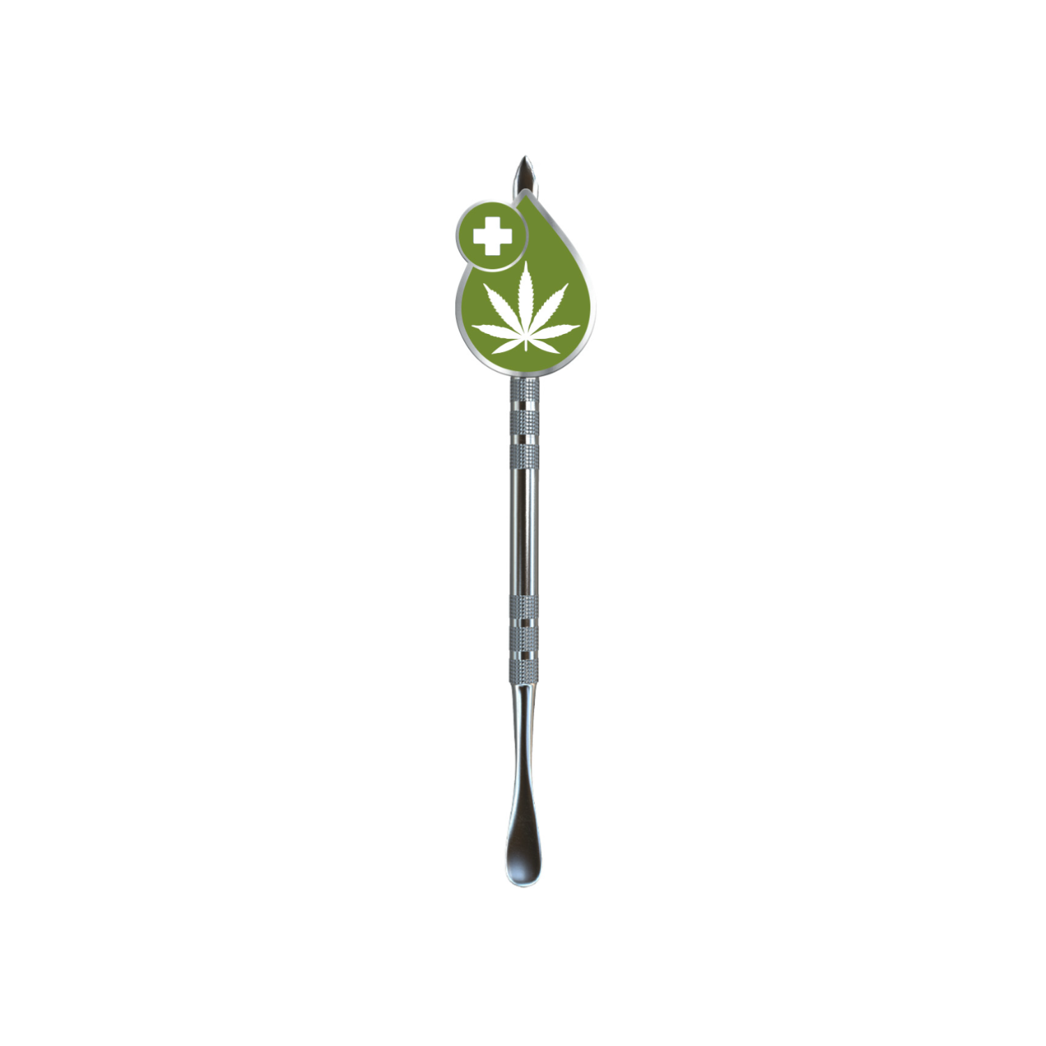 Green cannabis-themed dab tool with engraved icon and metal shaft