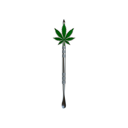 Custom metal dab tool with cannabis leaf topper and steel handle