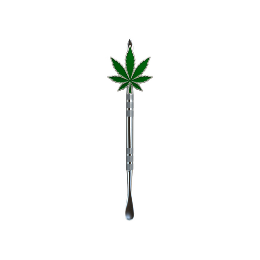 Custom metal dab tool with cannabis leaf topper and steel handle