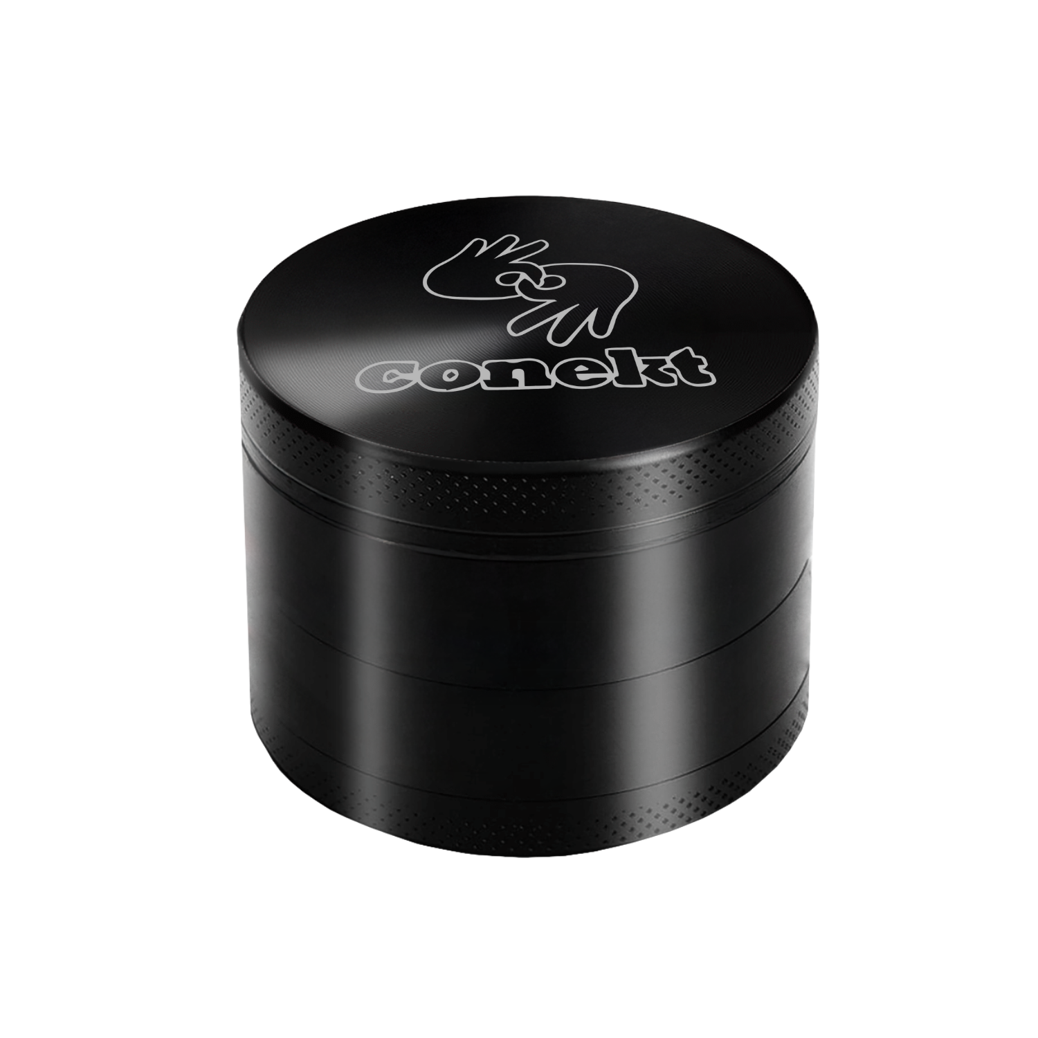 Black 50mm custom metal grinder with engraved lid and sleek matte finish