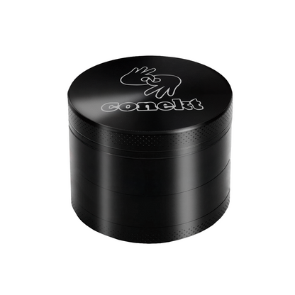 Black 50mm custom metal grinder with engraved lid and sleek matte finish