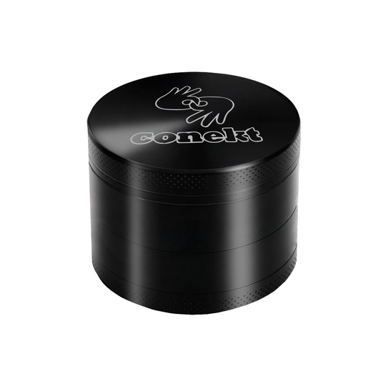 Black 50mm custom metal grinder with engraved lid and sleek matte finish