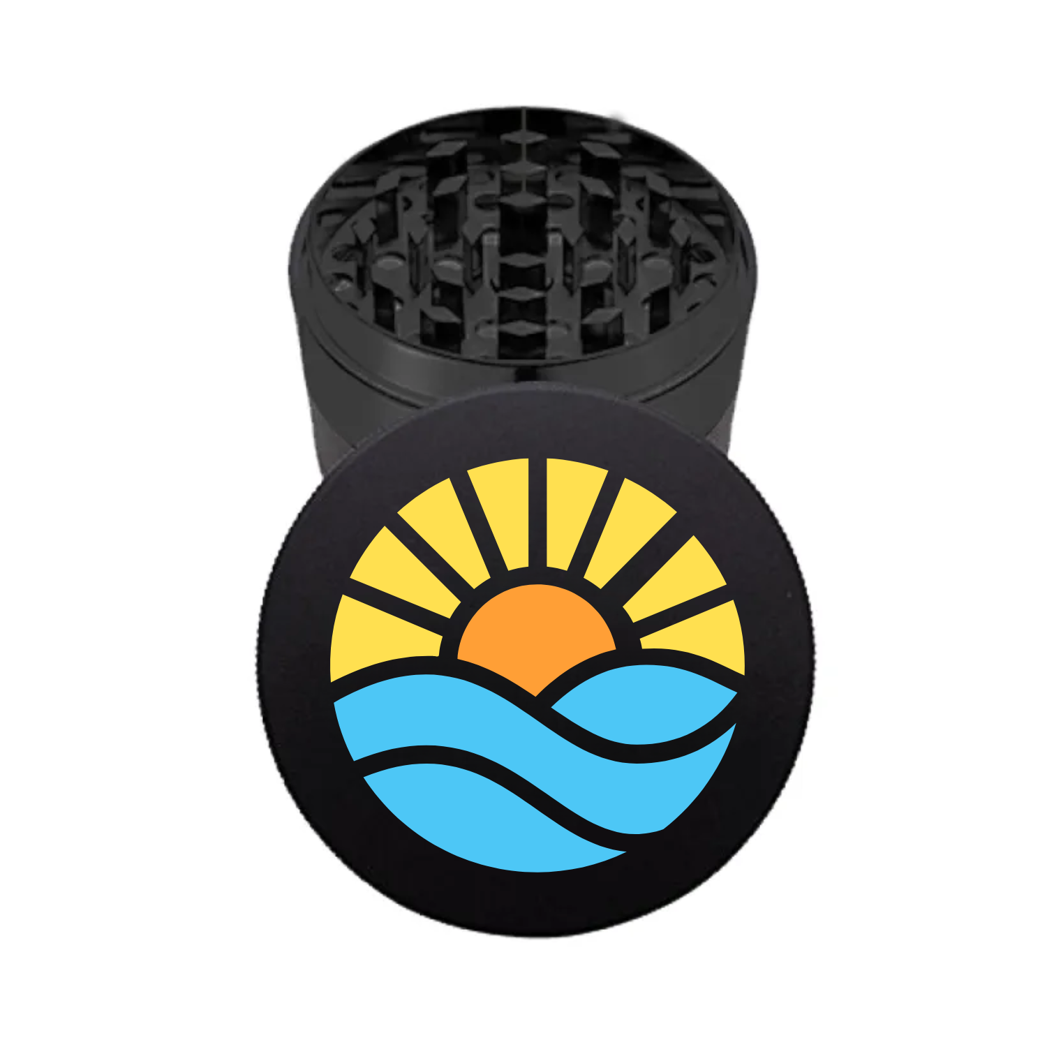 Open black 4-piece grinder with full color printed lid and sharp metal teeth