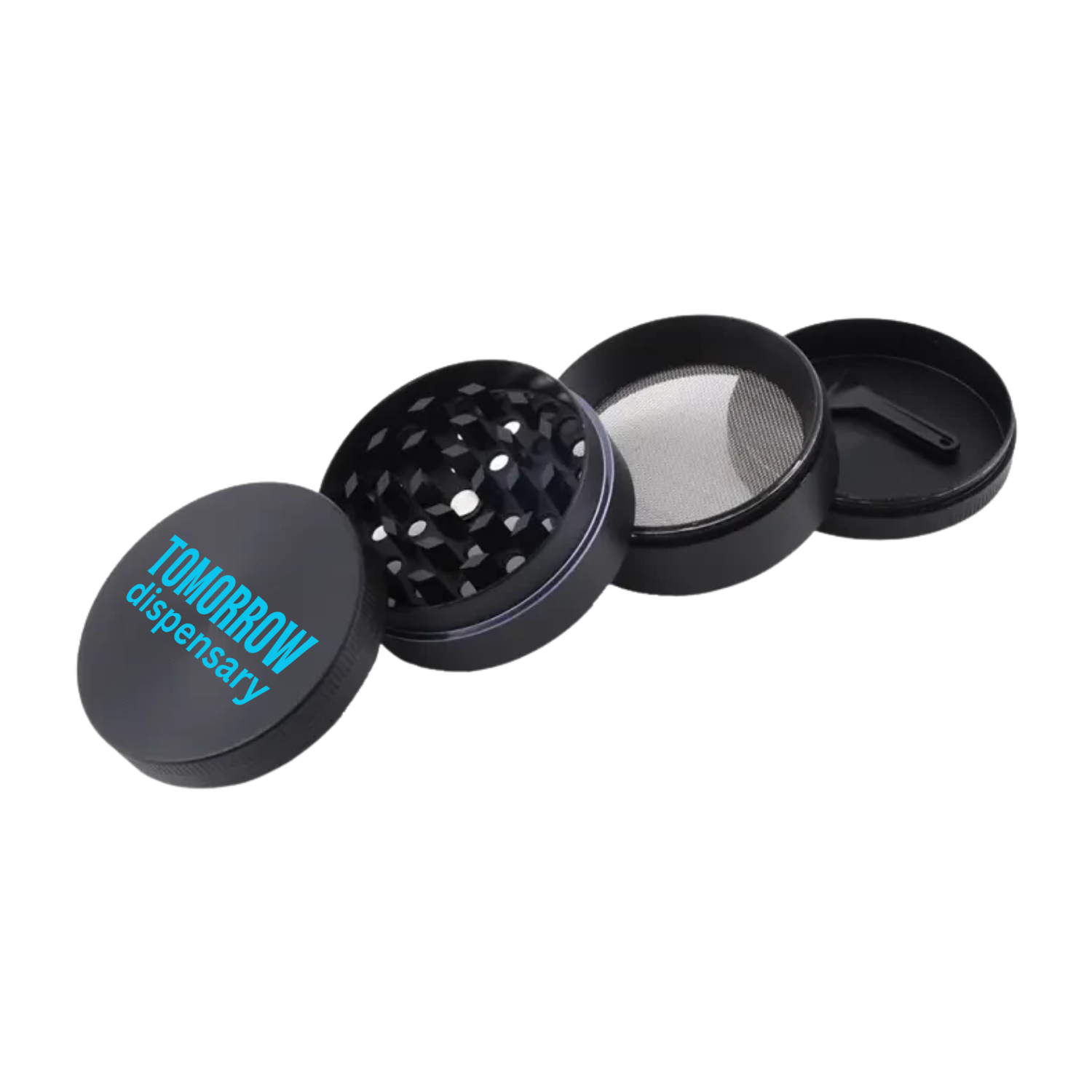 Open black 4-piece custom grinder showing kief catcher and metal teeth