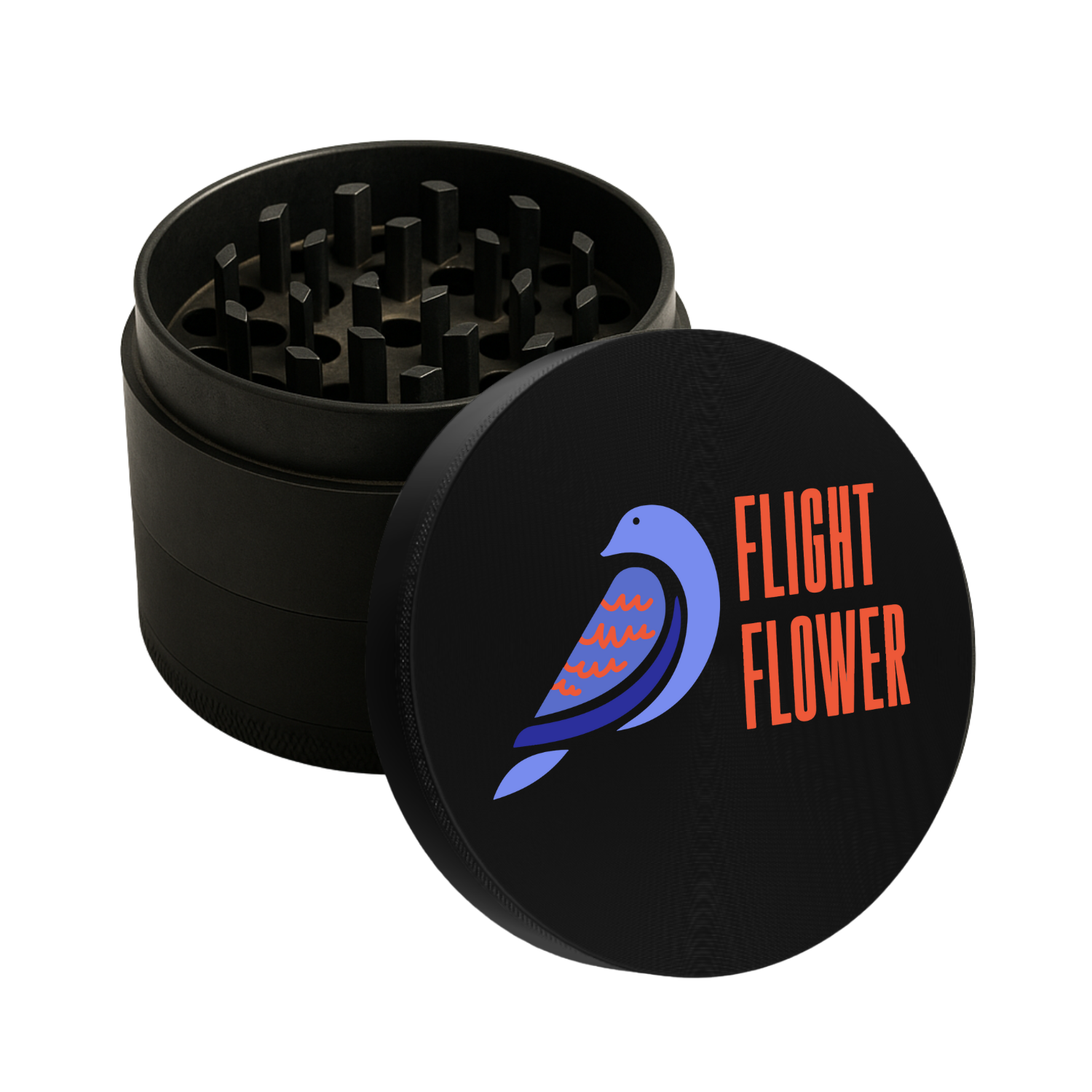 Black 63mm custom metal grinder with full color printed logo on magnetic lid