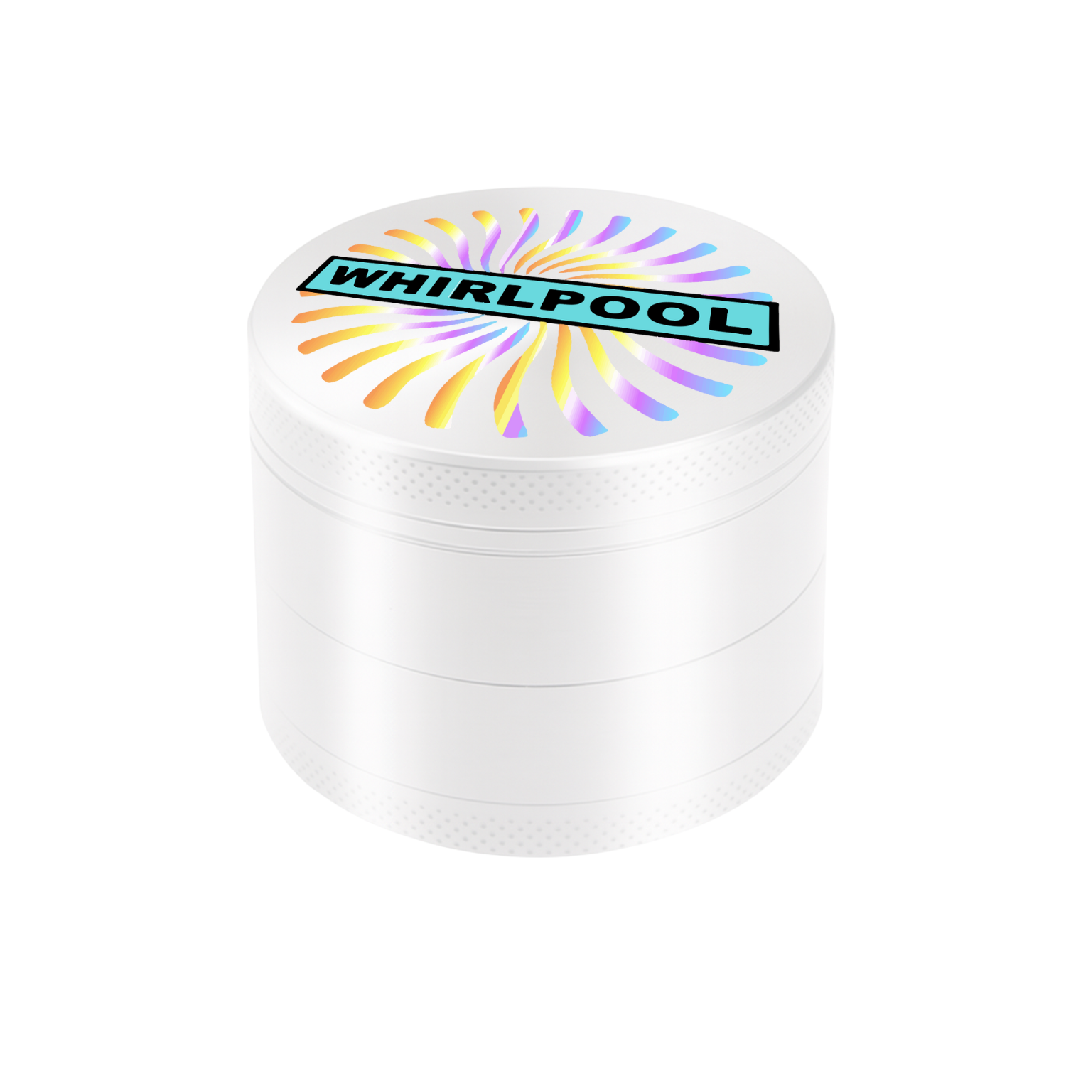 White 50mm grinder with colorful full color logo printed on the lid