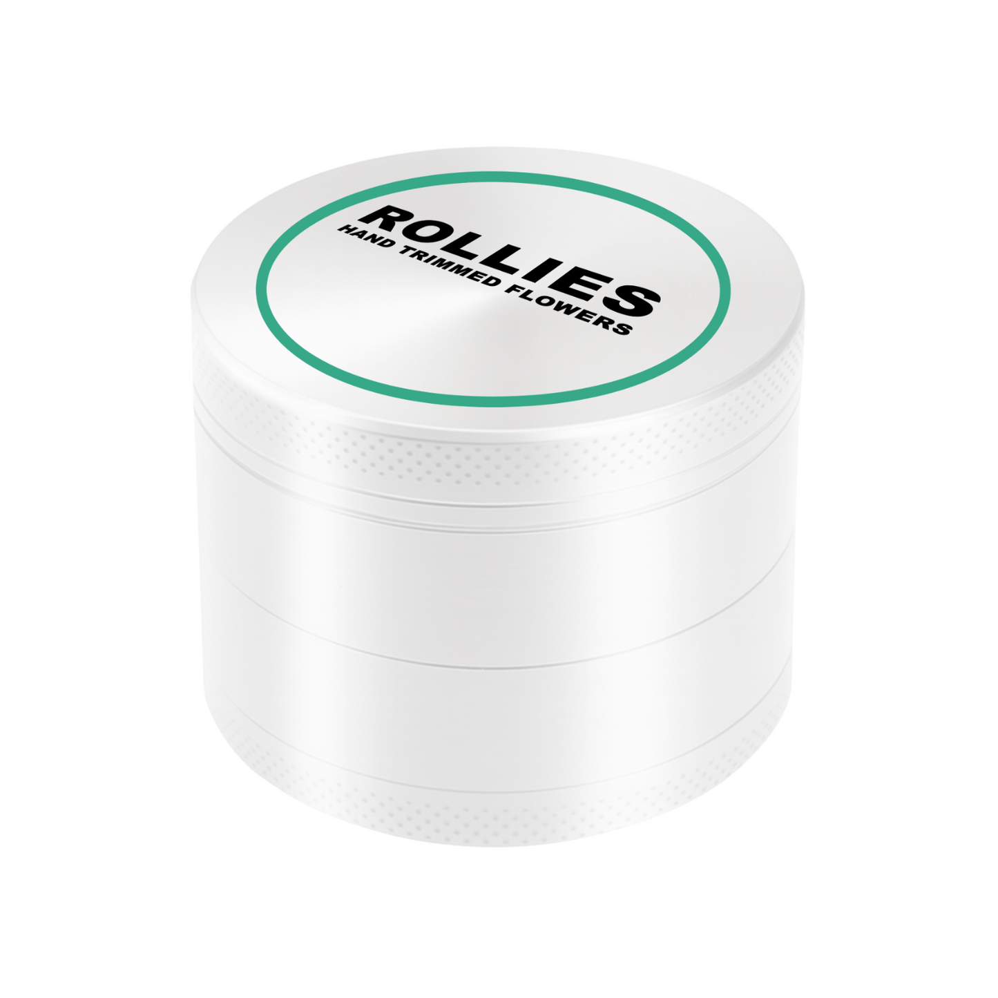 White 63mm metal grinder with precision engraving on custom lid