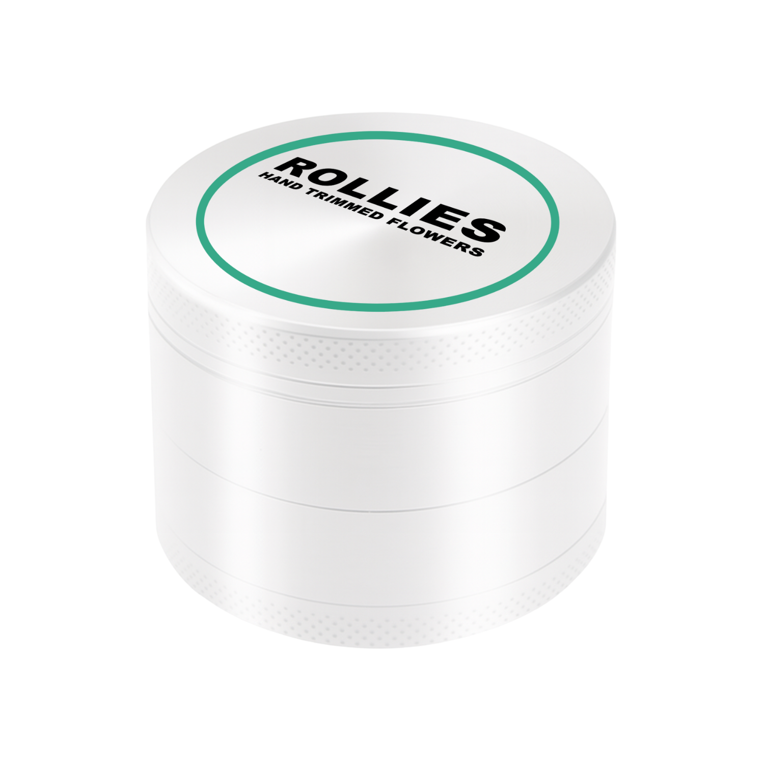 White 63mm metal grinder with precision engraving on custom lid