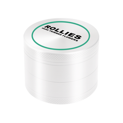 White 63mm metal grinder with precision engraving on custom lid