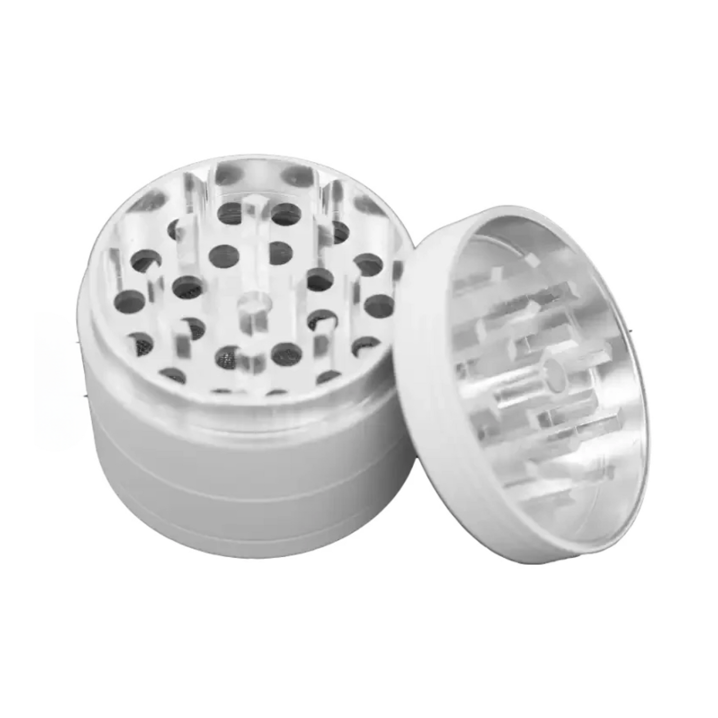 White custom metal grinder opened to show durable teeth and fine mesh screen