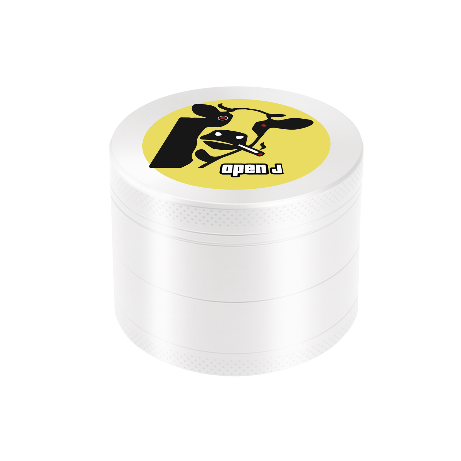 White 50mm metal grinder with vibrant yellow full color printed lid