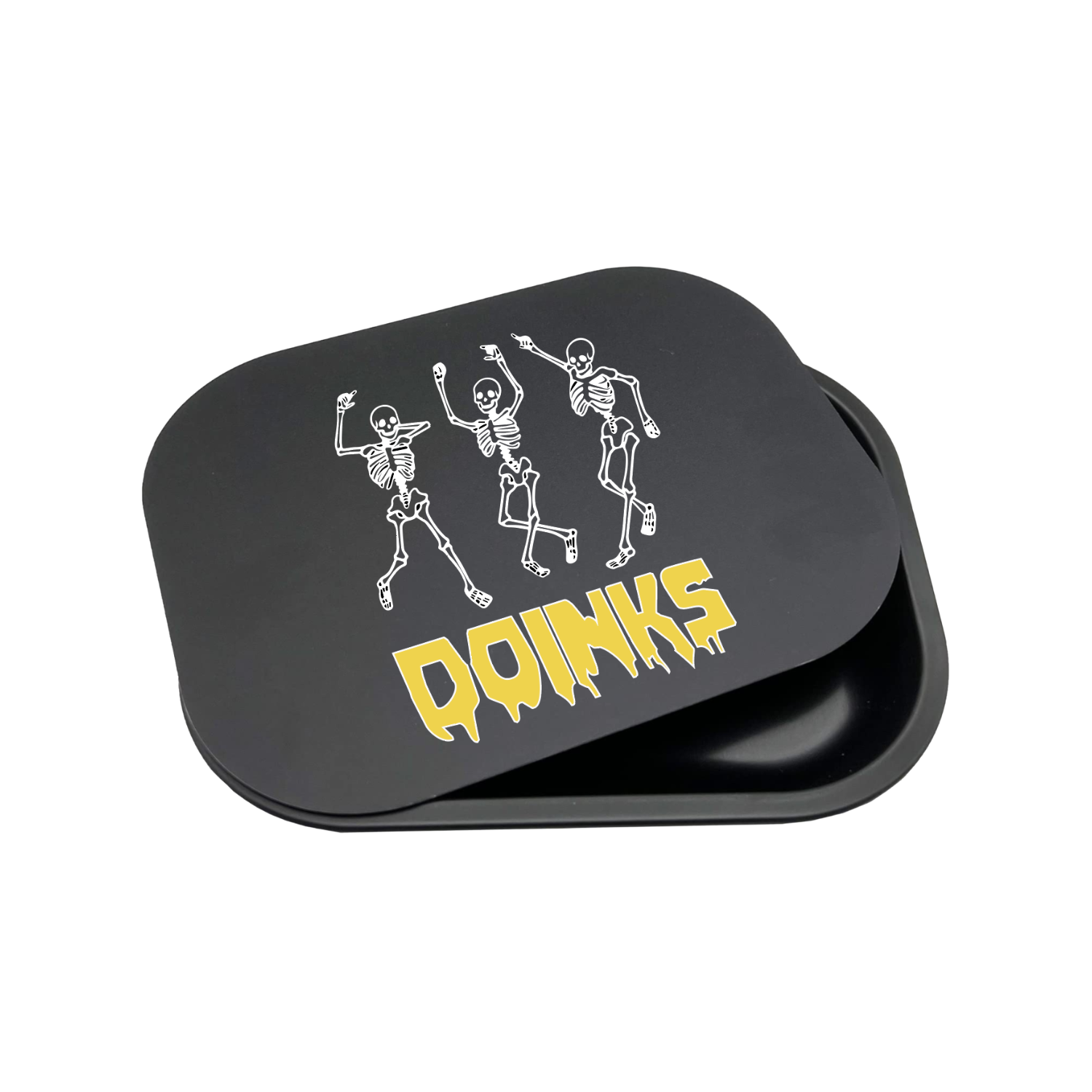 Custom black metal rolling tray with dancing figure design and magnetic lid