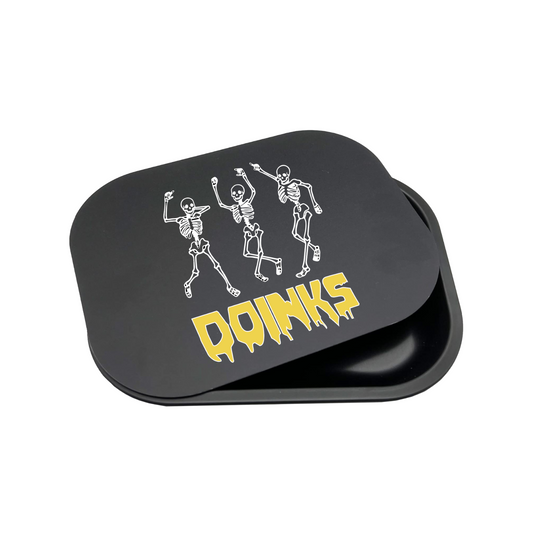 Custom black metal rolling tray with dancing figure design and magnetic lid